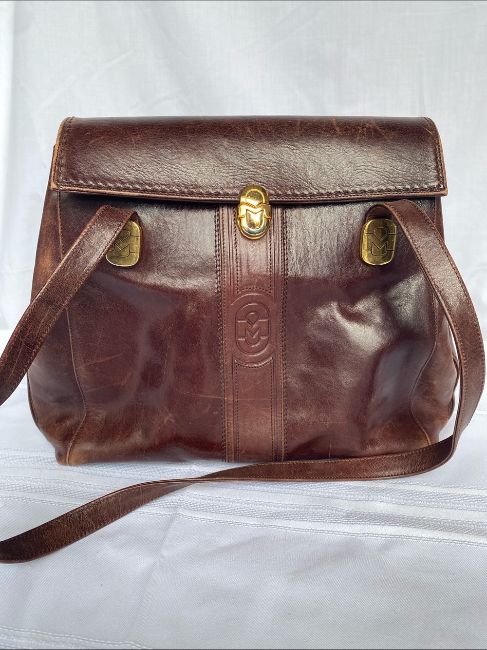 Marino Orlandi Brown Leather Shoulder Bag with Gold-Tone Hardware